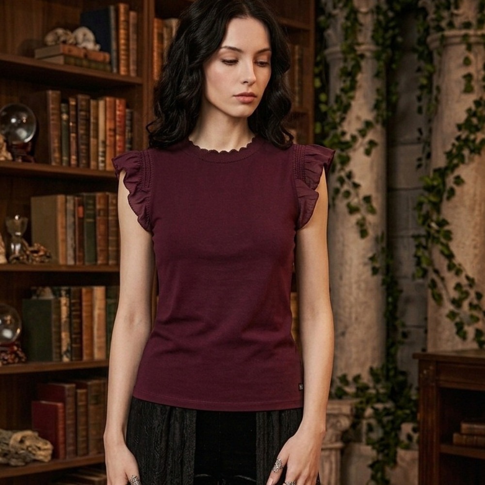 Karl Lagerfeld Paris Ruffle Sleeve Scallop Neck Top Burgundy Small Whimsigoth